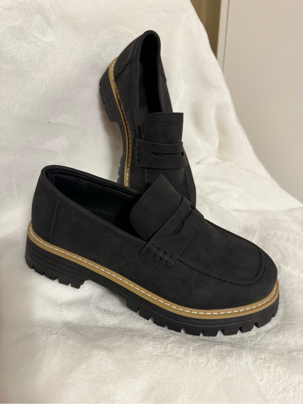 Women's Black Penny Loafers with Rugged Sole